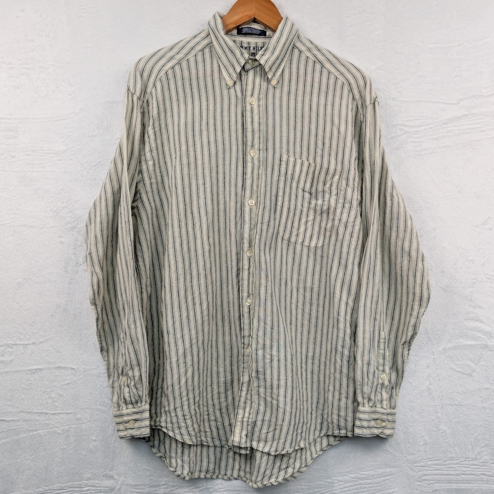 VTG Tommy Hilfiger Button-Down Shirt Men's Large Cream Linen Striped Coastal 90s